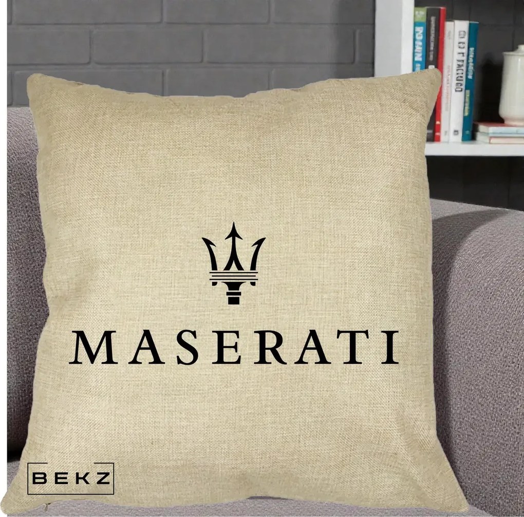 Perna Personalizata cu emblema Maserati, 40x40 cm, Crem, Husa Detasabila, Perna Inclusa, BEKZ®