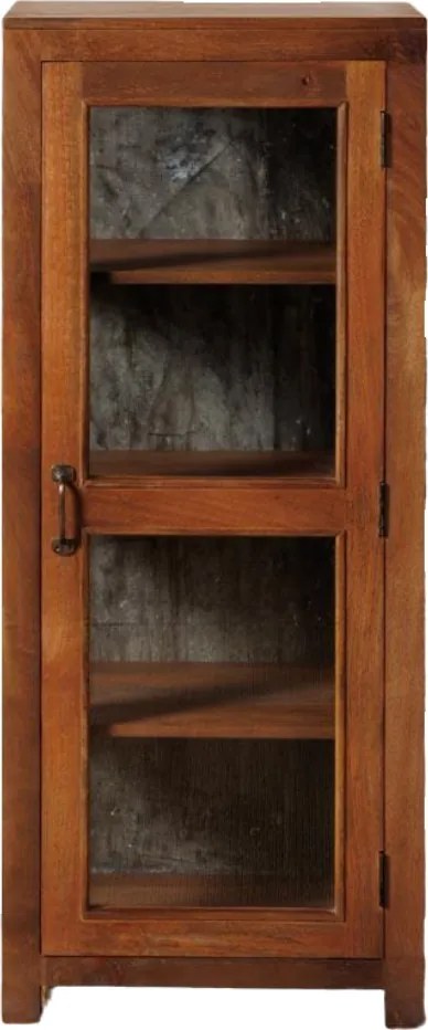 Vitrină mică rustică din lemn reciclat, maro, cu 1 ușă vitrată, laterale vitrate și 3 rafturi, finisaj natural, 127 x 54 x 46 cm, „Marcel”