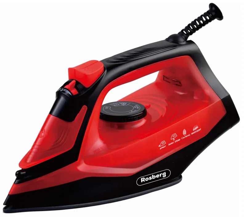Resigilat: Fier de calcat cu aburi Rosberg R51050G, 1850-2200W, Ceramica, Autocuratare, Termostat, 160 ml, Rosu/Negru