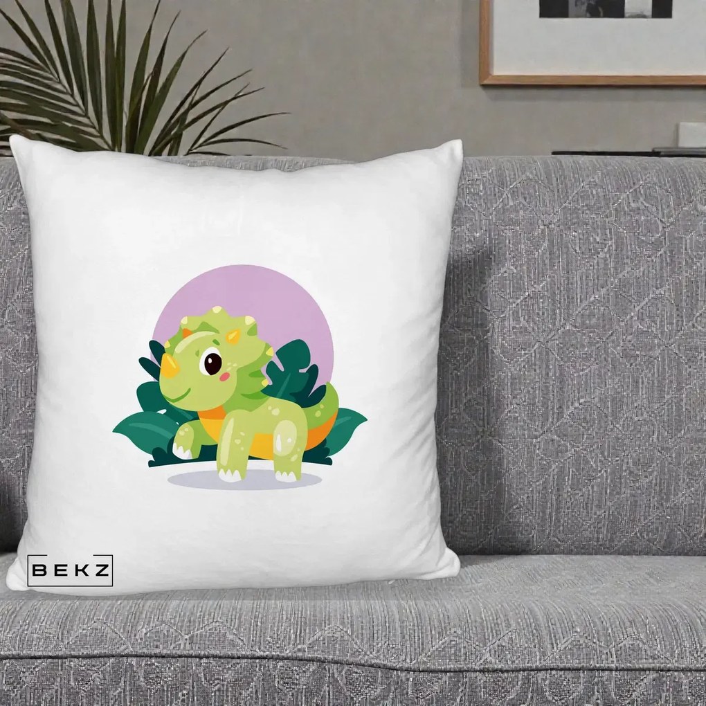 Perna Decorativa Triceratops Kawaii Verde, 40x40 cm, Alb Pufos, Husa Detasabila, Perna Inclusa, BEKZ®