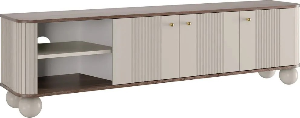 Comodă TV Vesper 187 cm cu trei uși - kaszmir / nuc / mânere aurii / picioare sferice