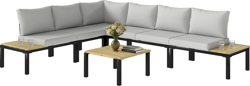 Outsunny Set de grădină modular 6 piese Set canapea exterior transformabil într-un pat Masă de cafea și măsuțe laterale Gri | Aosom Romania