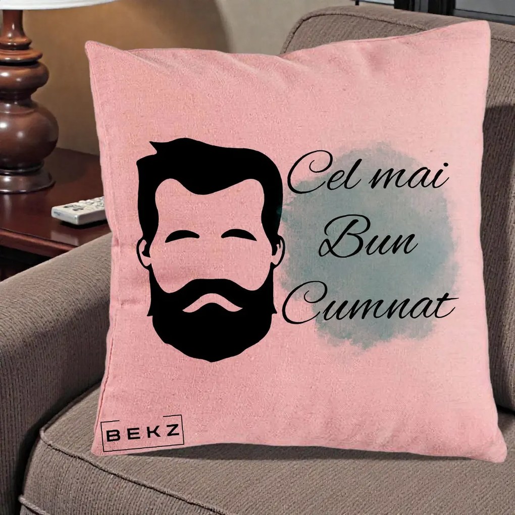 Cadou pentru Cumnat - Perna Personalizata Cel mai Bun Cumnat cu Portret Barbat si Pete Teal, 40x40 cm, Roz, Husa Detasabila, Perna Inclusa, BEKZ®