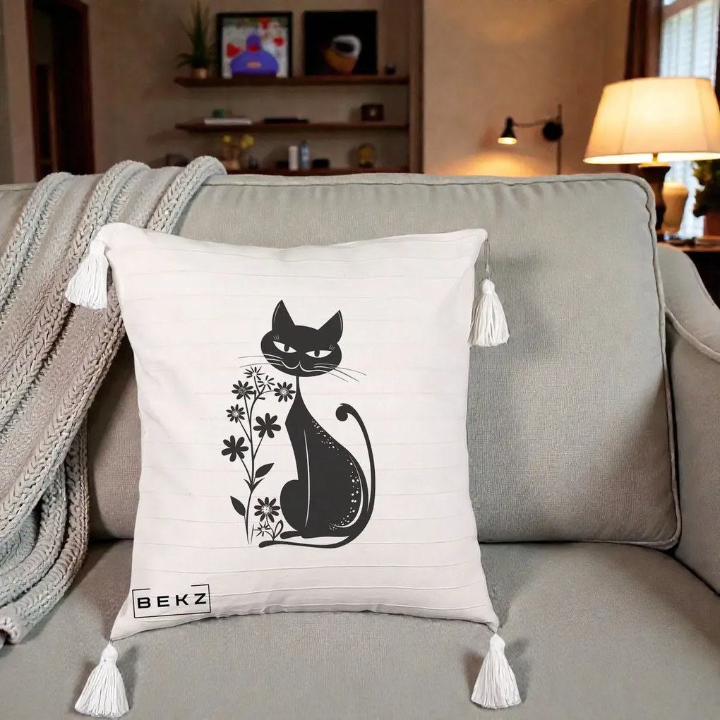 Perna Decorativa Pisica Neagra Grafica Minimalista, 40x40 cm, Bej cu Franjuri, Husa Detasabila, Perna Inclusa, BEKZ®
