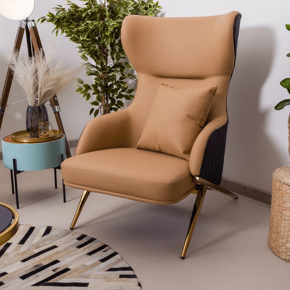 Fotoliu de lux de design, piele ecologică camel / neagră, ARTES