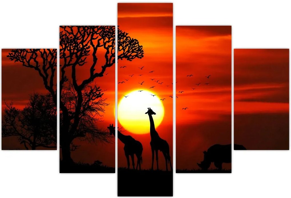 Tablou - Siluete animalelor la apus de soare (150x105 cm)
