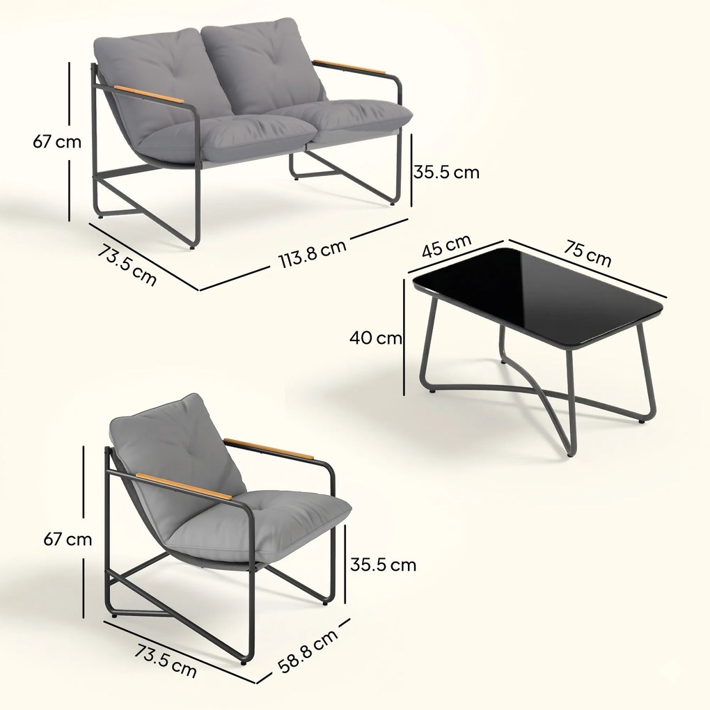 Set de Grădină Outsunny cu Canapea, 2 Fotolii și Măsuță cu Blat din Sticlă, Mobilier de Exterior cu Perne Groase, Gri Deschis | Aosom Romania