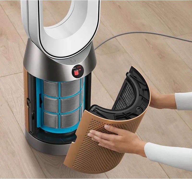 Purificator si racitor de aer Dyson PC2 De-NOx TP12 Wh/Gd, 40W, 40 m², 10 viteze, Oscilatie, HEPA, MyDyson™, Wi-Fi, LCD, Control vocal, Mod automat, Alb/Auriu