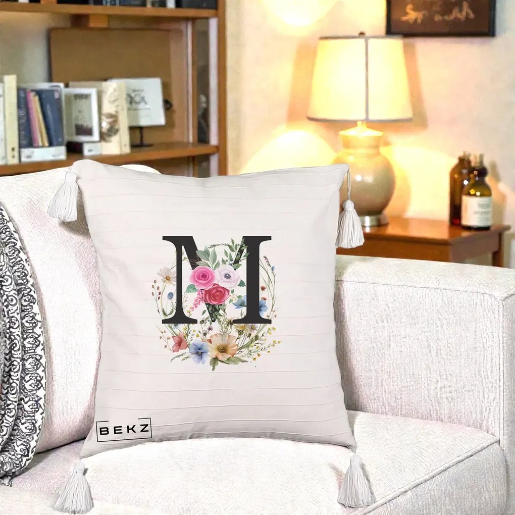 Cadou Personalizat - Perna Personalizata Monogram Litera M cu Flori Acuarela, 40x40 cm, Bej cu Franjuri, Husa Detasabila, Perna Inclusa, BEKZ®