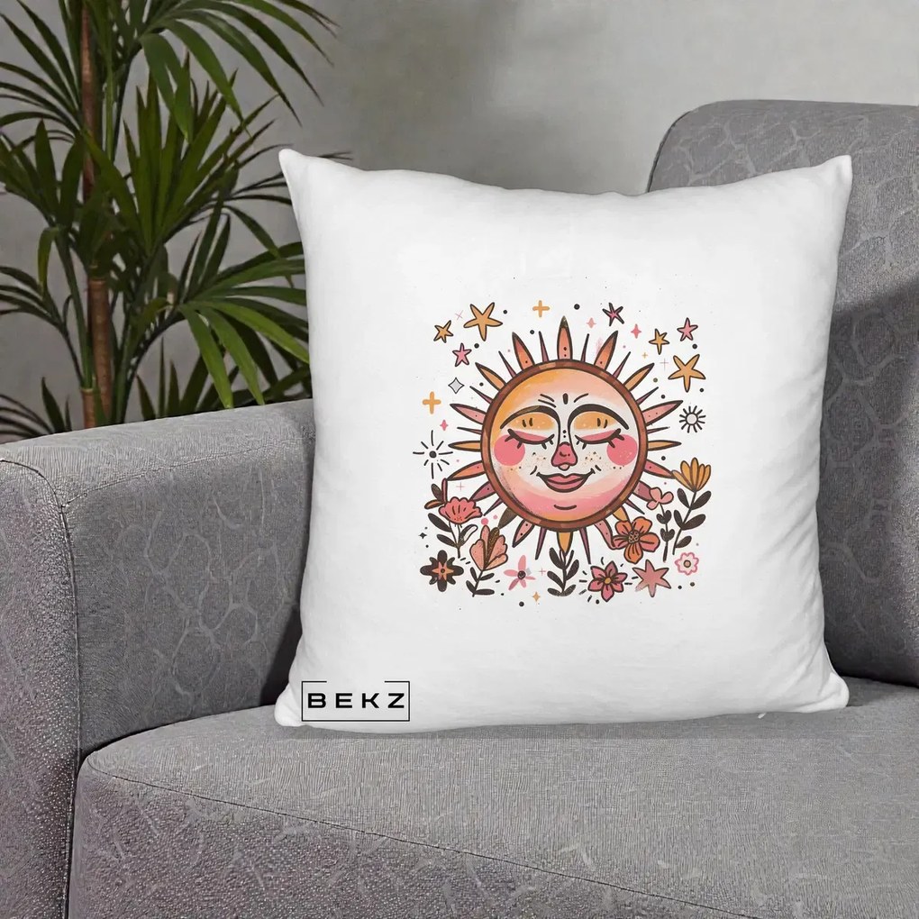 Perna Decorativa Soare Retro Boho Floral, 40x40 cm, Alb Pufos, Husa Detasabila, Perna Inclusa, BEKZ®