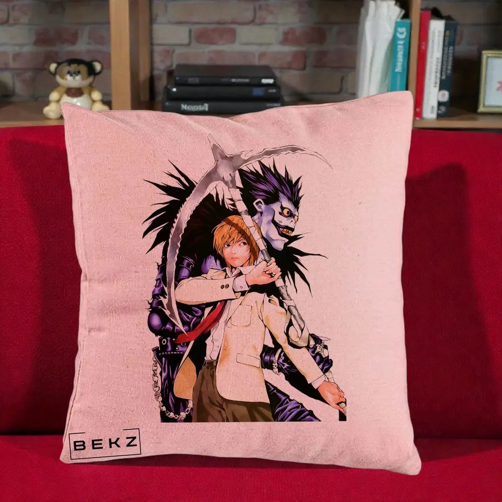 Perna Personalizata Death Note Light si Ryuk Duo, 40x40 cm, Roz, Husa Detasabila, Perna Inclusa, BEKZ®