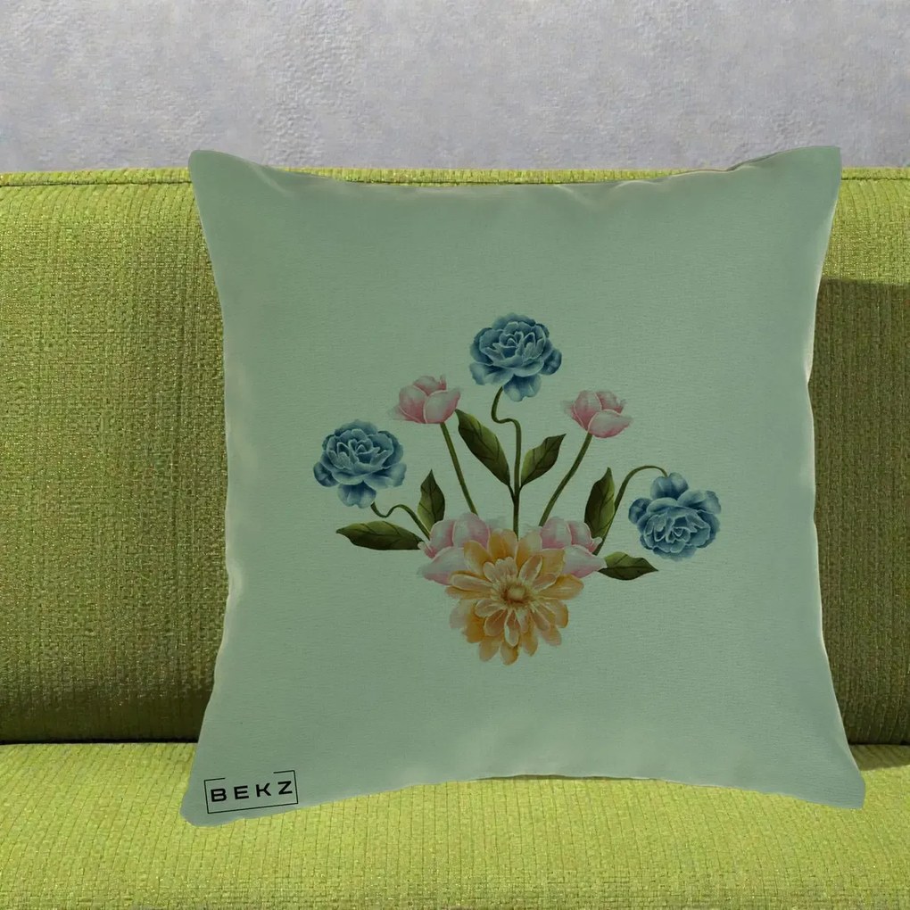 Perna Decorativa Buchet Primavara Acuarela, 40x40 cm, Verde, Husa Detasabila, Perna Inclusa, BEKZ®