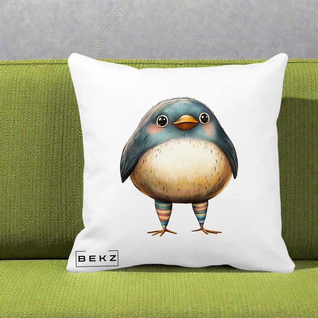 Perna Decorativa Pasare Teal-Bej cu Sosete Curcubeu, 40x40 cm, Alba Mata, Husa Detasabila, Perna Inclusa, BEKZ®