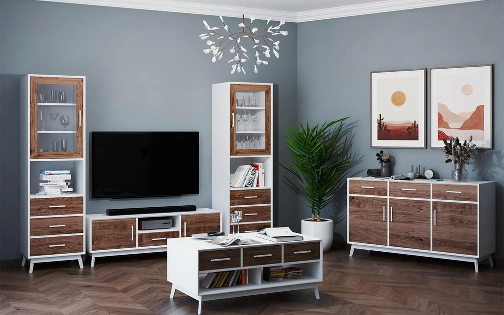 Comodă TV lemn masiv alb Timeless 1 Sertar 2 Uși 1 Nișă, 146 × 40 × 48 cm
