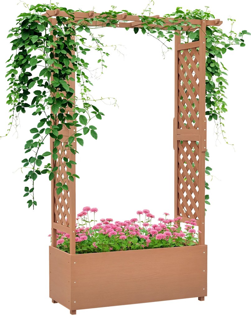 Outsunny Strat de Grădină Înălțat cu Grilaj și Acoperiș, Jardinieră din Lemn pentru Plante Cățărătoare, 112x41x180 cm, Maro | Aosom Romania
