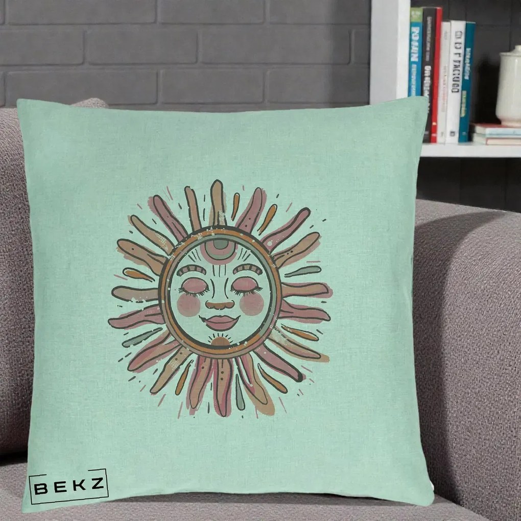 Perna Decorativa Soare Roz Tribal, 40x40 cm, Verde Menta, Husa Detasabila, Perna Inclusa, BEKZ®
