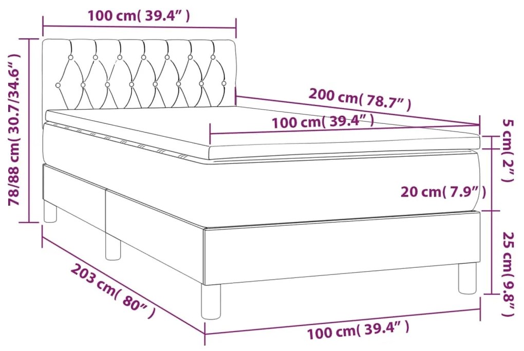 Pat box spring cu saltea, gri deschis, 100x200 cm, textil Gri deschis, 100 x 200 cm, Design cu nasturi