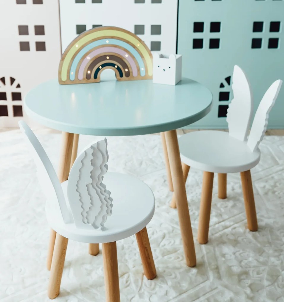 Set masuta rotunda mint si 2 scaunele ingeras albe