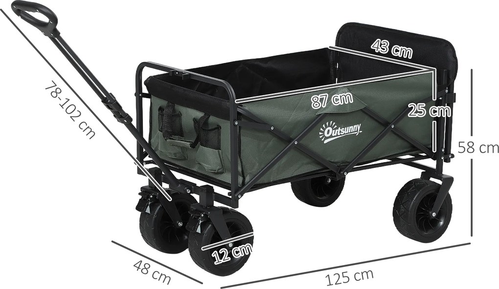 Outsunny Cărucior Pliabil de Grădină cu Deschidere Posterioară, Roți, Buzunare de Depozitare și Mâner, 125x48x78-102 cm, Verde | Aosom Romania