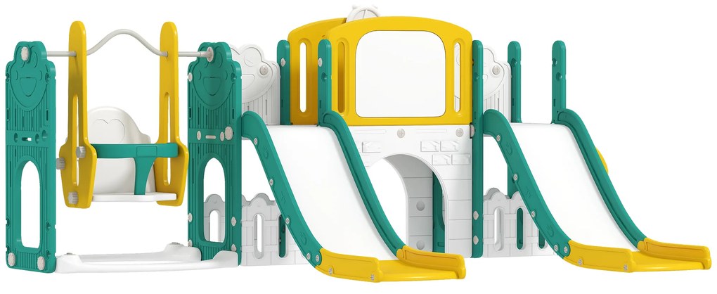 AIYAPLAY Set de topire și leagăn 9 în 1 pentru Copii, cu Coș de Baschet, Telescop, Tablă de Desen, Design de Broască, Galben+Verde | Aosom Romania