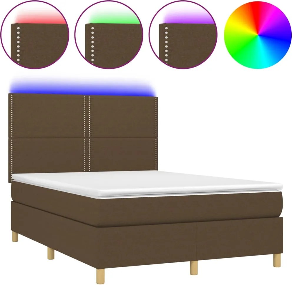 vidaXL Pat cu arcuri, saltea și LED, maro închis, 140x190 cm, textil