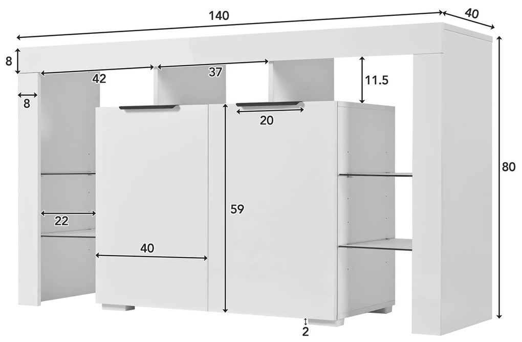 Comodă Modernă Luminoasă cu LED, 4 Rafturi din Sticlă și 2 Uși din Lemn, 140x40x80 cm pentru Living, Albă