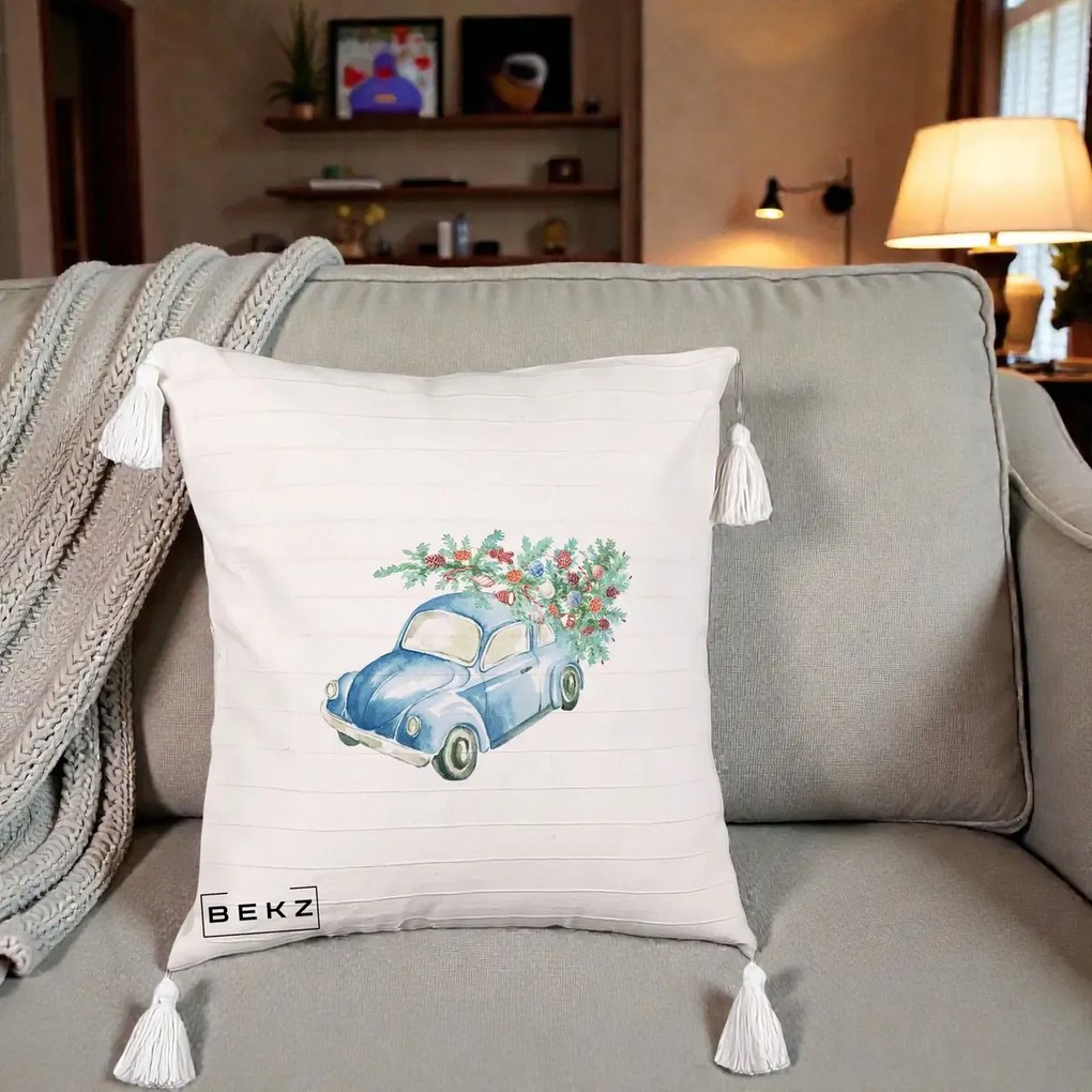 Perna Decorativa Masinuta Albastra cu Brad de Craciun, 40x40 cm, Bej cu Franjuri, Husa Detasabila, Perna Inclusa, BEKZ®