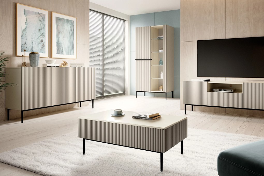 Comodă cu fronturi striate Nicole 150 cm - cașmir / picioare negre