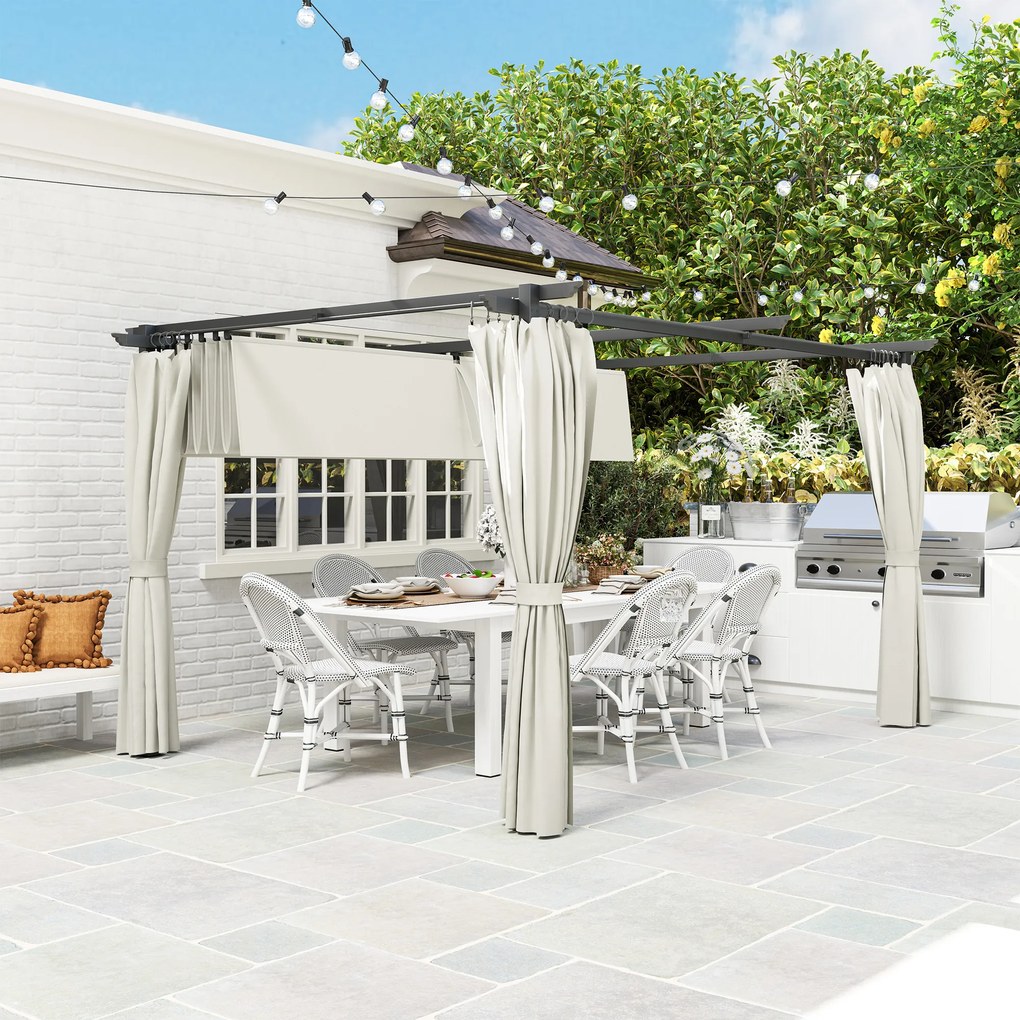 Outsunny Pergolă de grădină exterioară 3 x 4 m, acoperiș retractabil și perdele, anti-UV UPF30+, pentru grătar, patio, terasă, crem | Aosom Romania