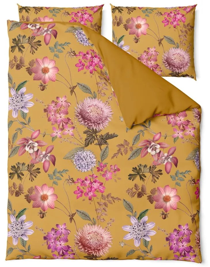 Lenjerie de pat din bumbac satinat pentru pat dublu Bonami Selection Blossom, 160 x 220 cm, ocru