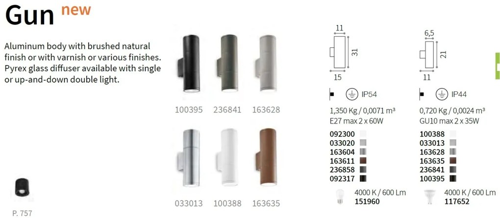 Aplica de perete exterior IP55 GUN AP2 BIG ALLUMINIO 033020