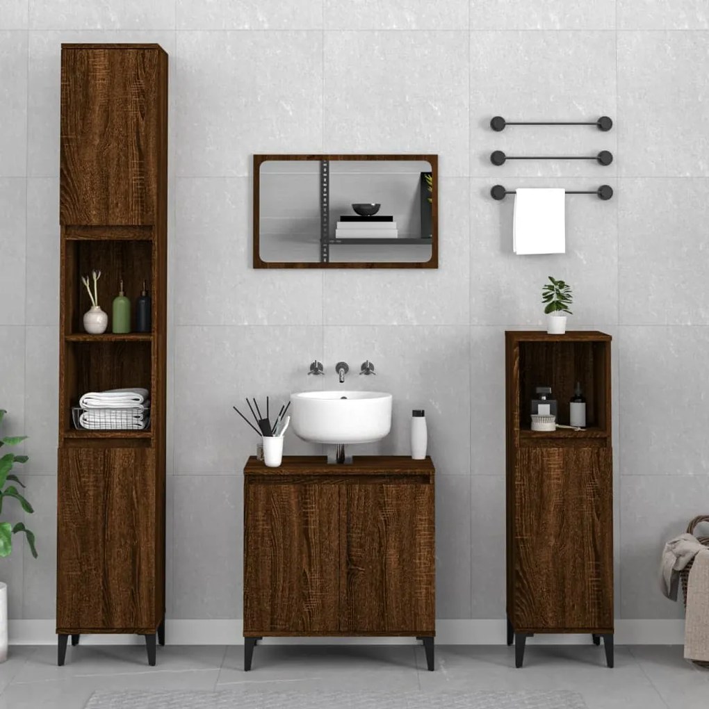 3185596 vidaXL Set mobilier de baie, 3 piese, stejar maro, lemn prelucrat