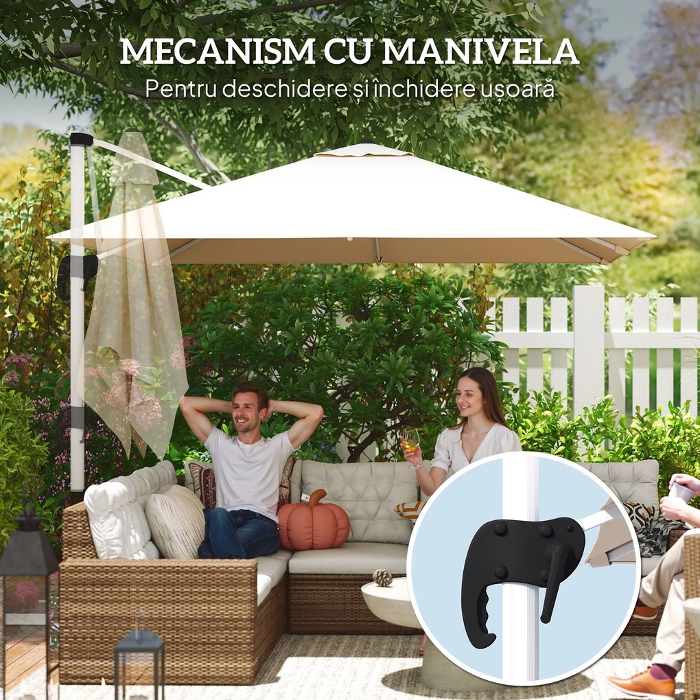Outsunny Umbrelă Suspendată Înclinabilă cu Manivelă și Bază în Cruce, UPF50+, Kaki | Aosom Romania
