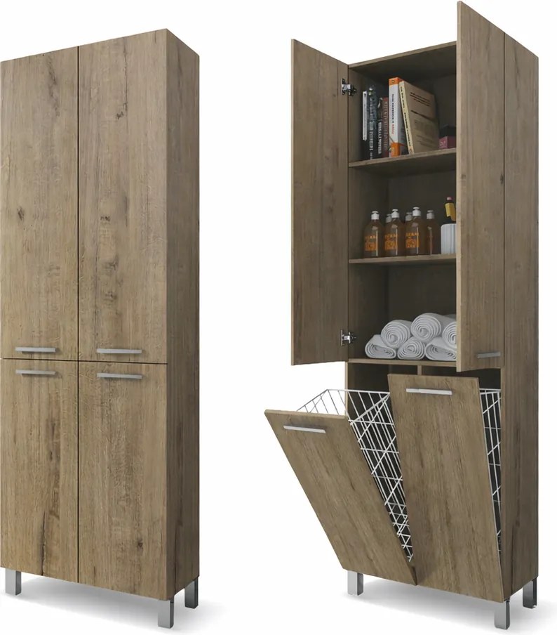 NORMANDIA 60 || Sonoma, dulap de baie, cu coș de rufe, spațiu de depozitare și rafturi