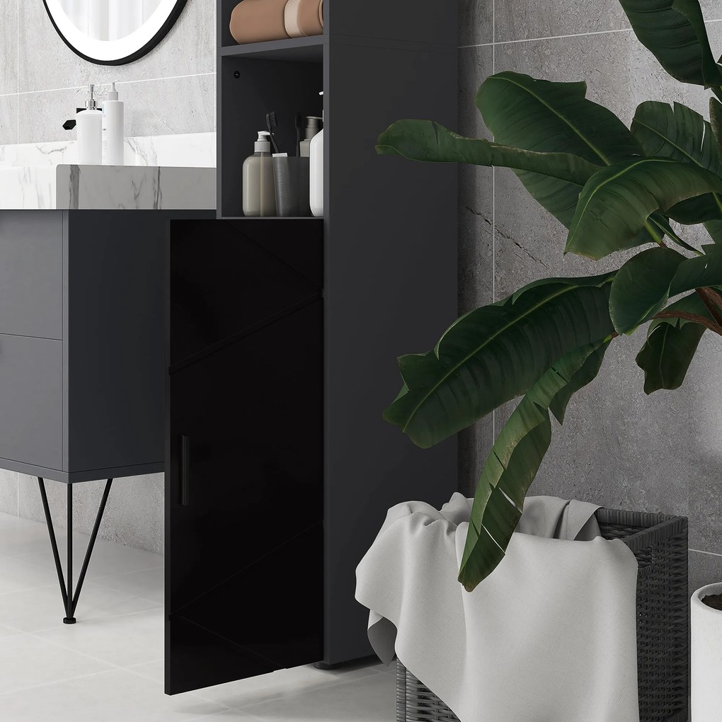 Dulap Baie, Inalt de 183cm cu 2 rafturi deschise si doua dulapuri cu 2 nivele, 30x30x183cm, Negru kleankin | Aosom Romania