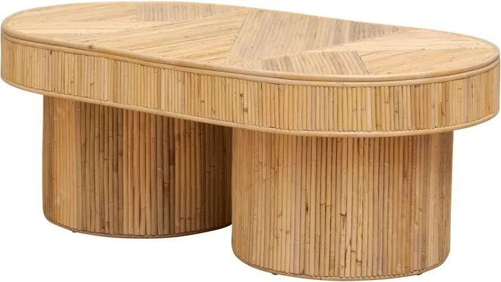 Măsuță de cafea ovală din ratan, natur, cu blat în model geometric și două baze cilindrice, finisaj mat, 41 x 109 x 60,5 cm, „Carica”