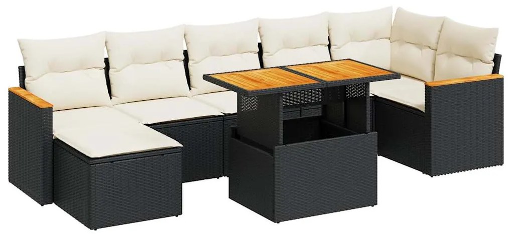 3327514 vidaXL Set mobilier grădină perne 8 piese negru, poliratan/lemn acacia