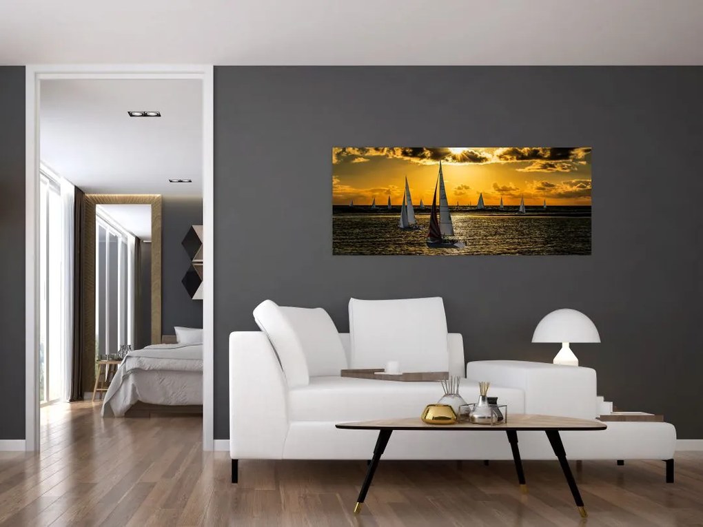 Tablou cu iaht în apus de soare (120x50 cm)