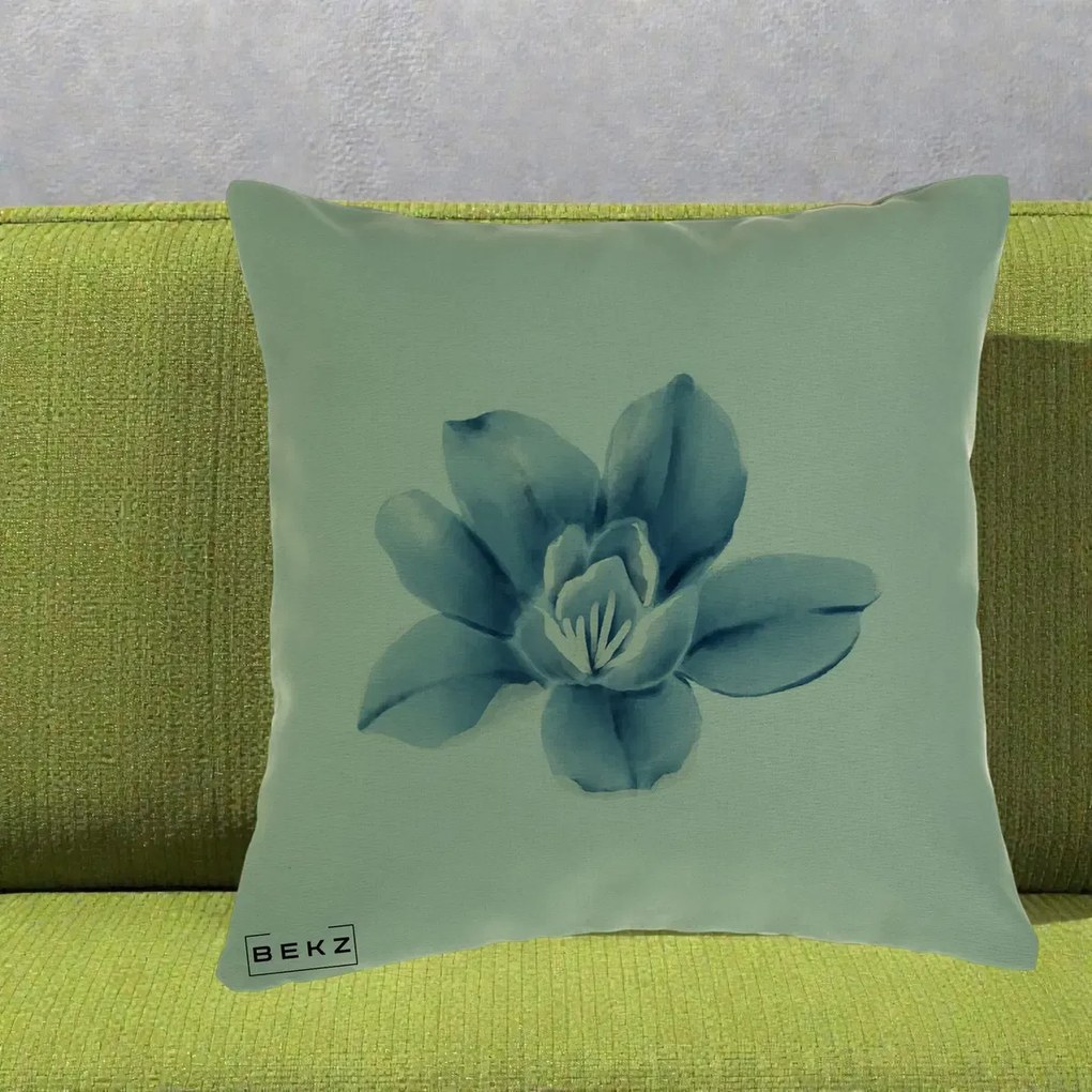 Perna Decorativa Magnolie Albastra Acuarela, 40x40 cm, Verde, Husa Detasabila, Perna Inclusa, BEKZ®