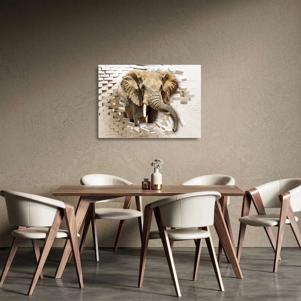 Tablou pe sticlă - Elefant spârgând peretele (70x50 cm)