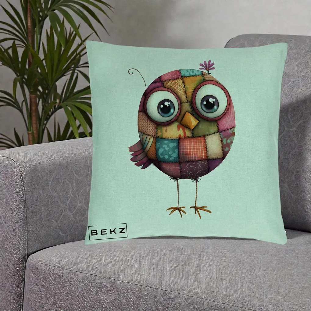 Perna Decorativa Pasare Patchwork Roz cu Floare, 40x40 cm, Verde Menta, Husa Detasabila, Perna Inclusa, BEKZ®