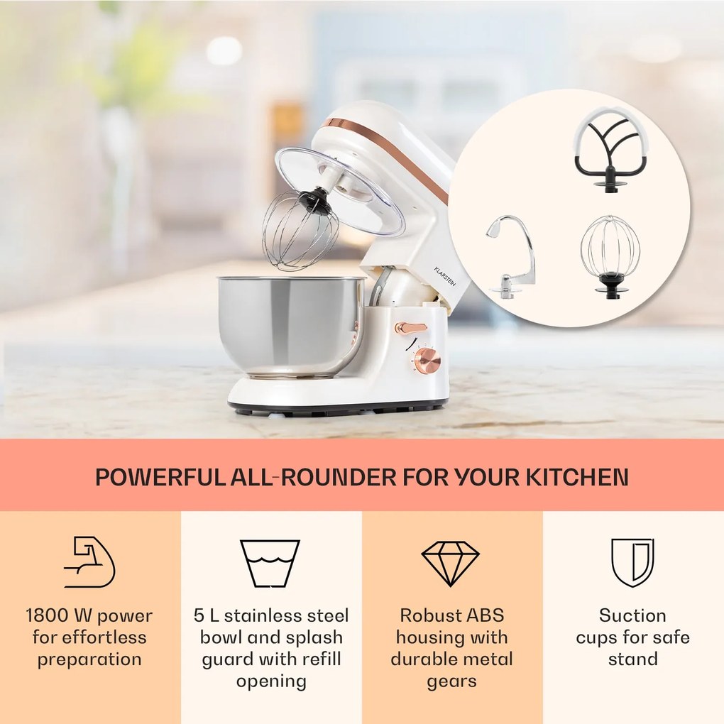 Klarstein Bella Elegance, robot de bucătărie, 1800 W, 1,7 HP, 6 nivele, 5 litri, alb