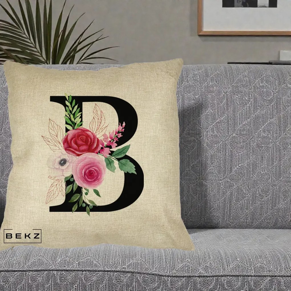 Cadou Personalizat - Perna Personalizata Monograma Florala Litera B, 40x40 cm, Crem, Husa Detasabila, Perna Inclusa, BEKZ®