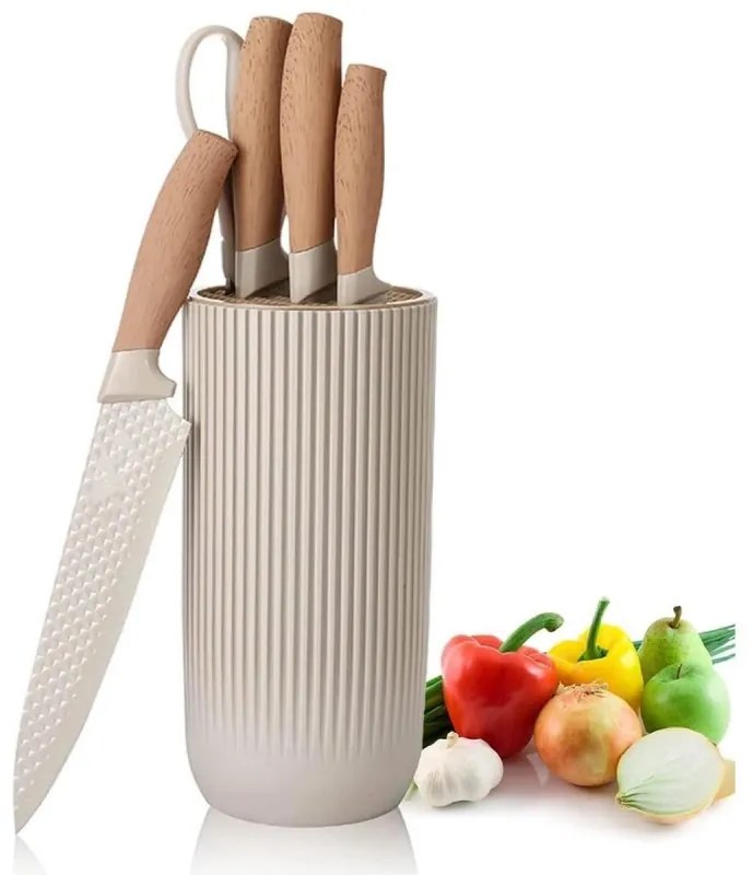 Set cutite cu suport Royalty Line DC07E, 7 piese, Foarfeca, Otel inoxidabil, Manere ergonomice, Bej