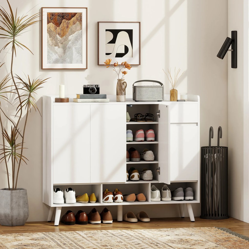 HOMCOM Dulap pentru pantofi cu design fără mânere, 4 uși, 4 rafturi reglabile, raft independent pentru pantofi cu 5 picioare din lemn, lemn, Alb | Aosom Romania