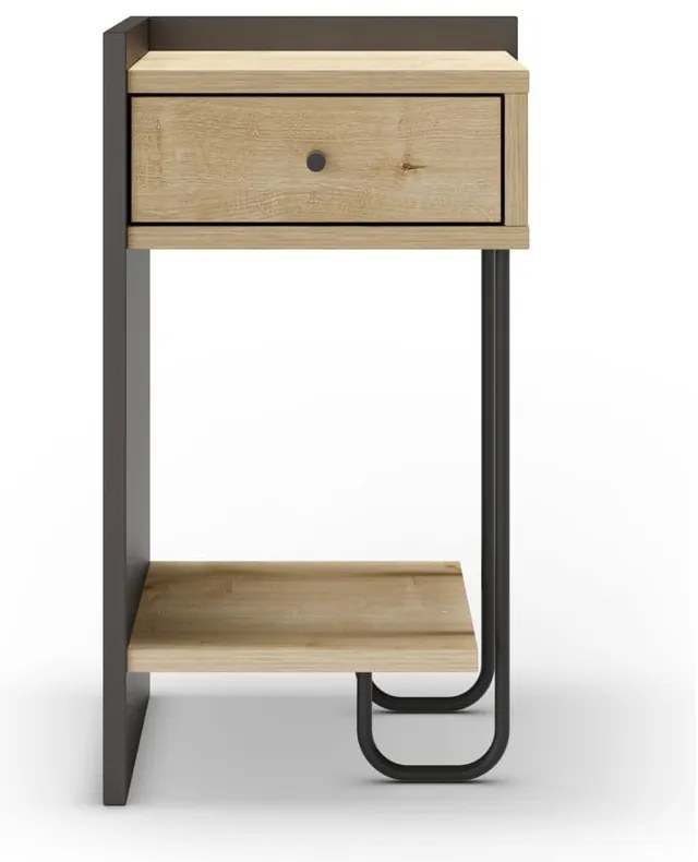 Noptieră neagră/în culoare naturală cu rafturi cu aspect de lemn de stejar Mercure – Marckeric