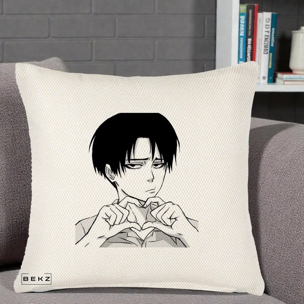 Perna Personalizata Levi Ackerman Inima, 40x40 cm, Crem Reliefat, Husa Detasabila, Perna Inclusa, BEKZ®