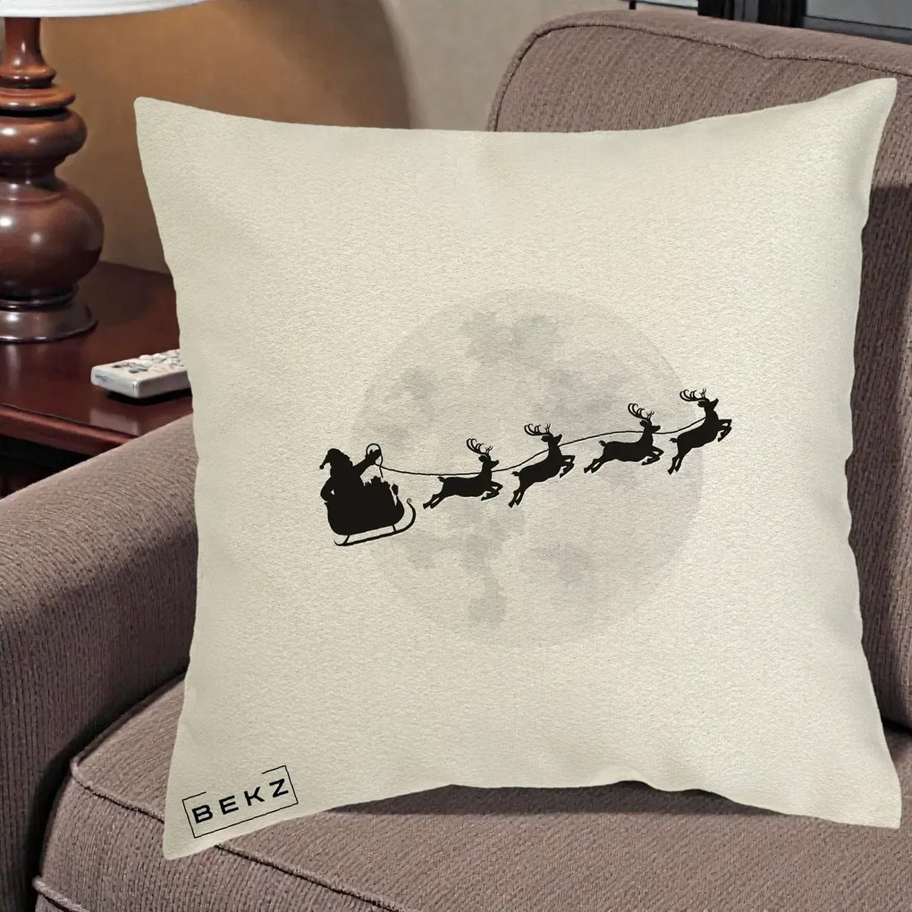 Perna Decorativa Mos Craciun Sanie Luna, 40x40 cm, Ecru, Husa Detasabila, Perna Inclusa, BEKZ®