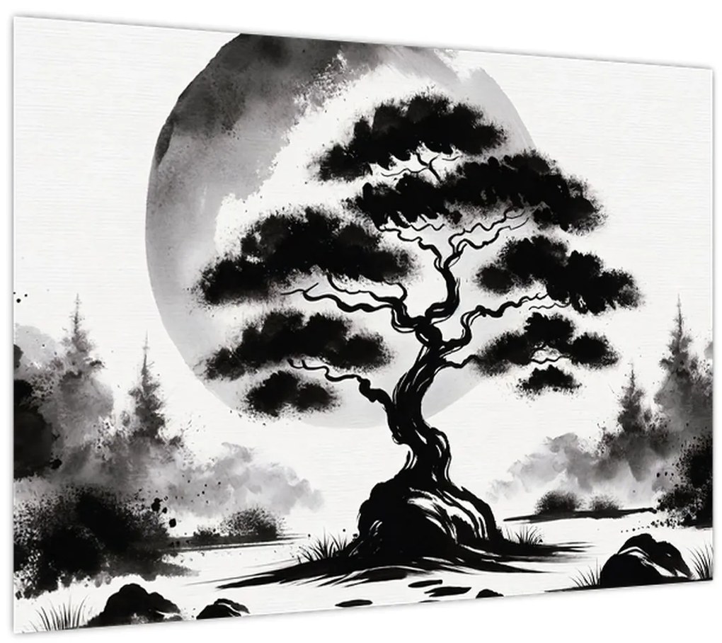 Tablou pe sticlă – Bonsai alb-negru (70x50 cm)