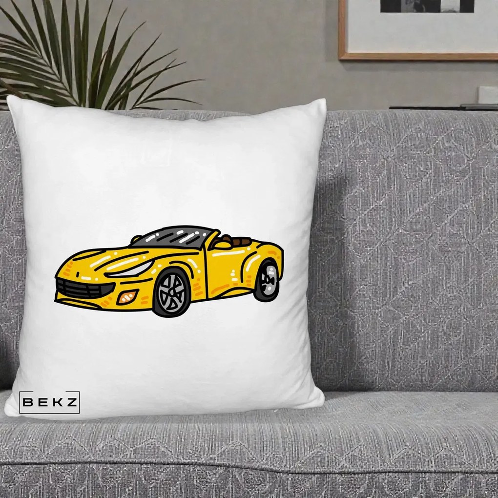 Perna Personalizata Masina Cabriolet Galbena Grafic, 40x40 cm, Alb Pufos, Husa Detasabila, Perna Inclusa, BEKZ®